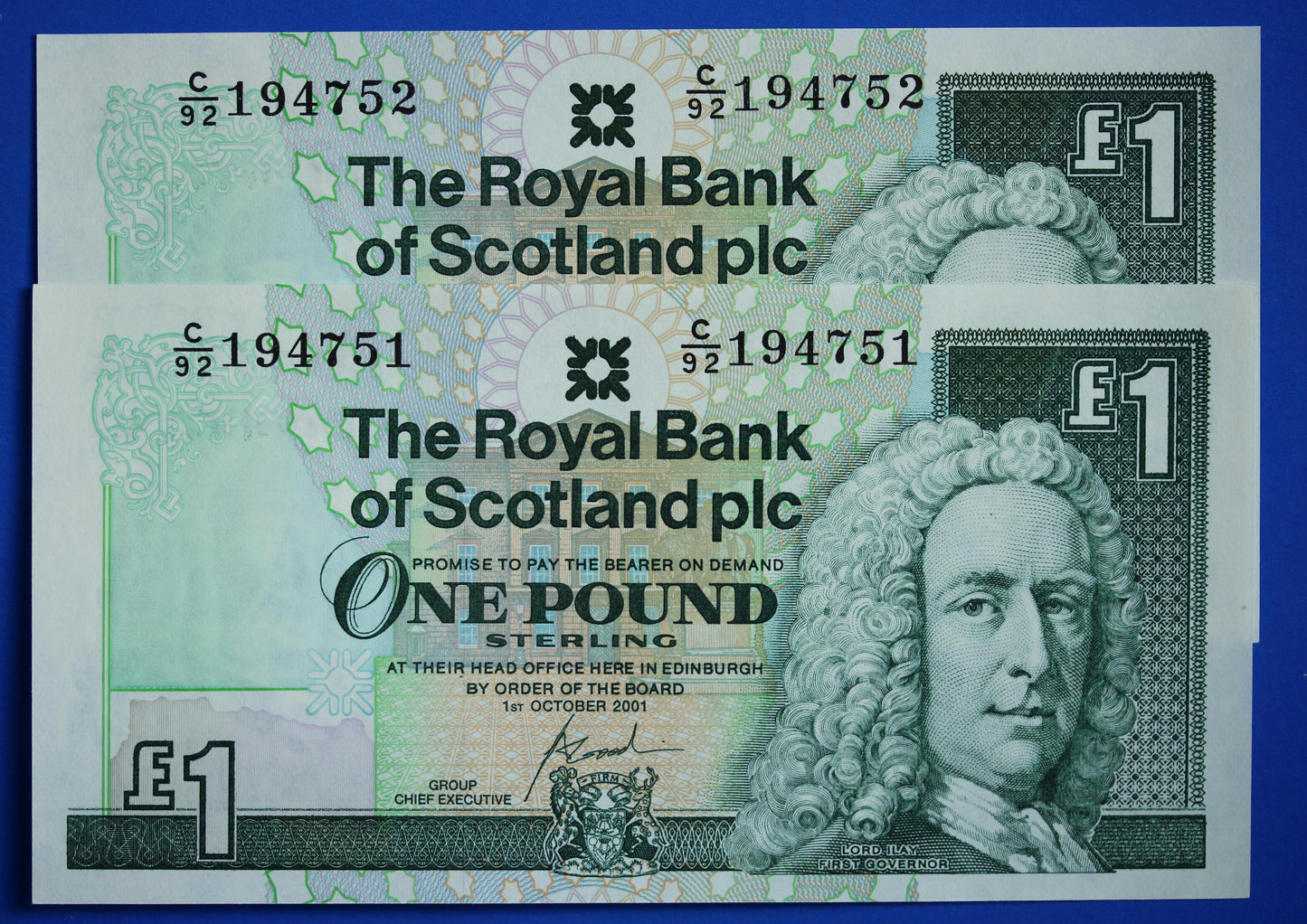 2 Royal Bank of Scotland plc One Pound Banknotes, Consecutive Numbers, Scottish Banknotes, Edinburgh Castle   [02/25 28100]