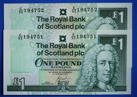 2 Royal Bank of Scotland plc One Pound Banknotes, Consecutive Numbers, Scottish Banknotes, Edinburgh Castle   [02/25 28100]