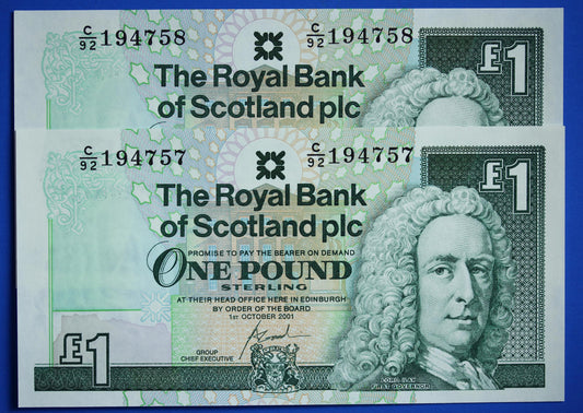 2 Royal Bank of Scotland plc One Pound Banknotes, Consecutive Numbers, Scottish Banknotes, Edinburgh Castle   [02/25 28103]