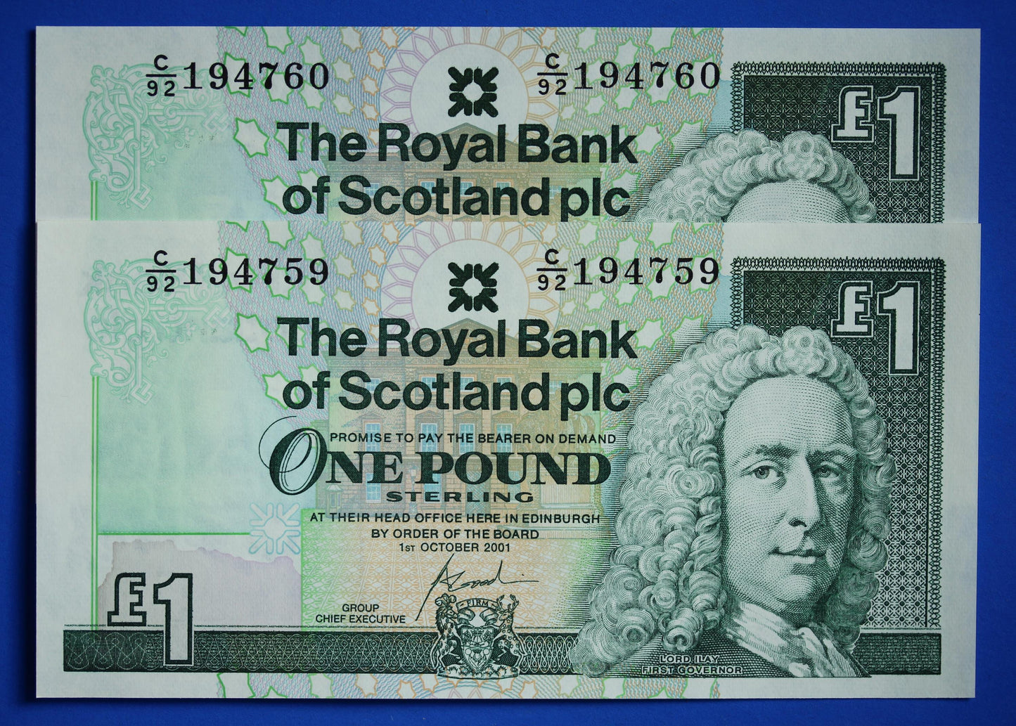 2 Royal Bank of Scotland plc One Pound Banknotes, Consecutive Numbers, Scottish Banknotes, Edinburgh Castle   [02/25 28104]