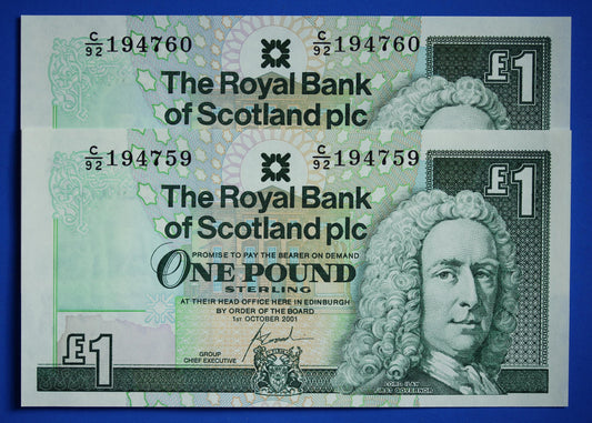 2 Royal Bank of Scotland plc One Pound Banknotes, Consecutive Numbers, Scottish Banknotes, Edinburgh Castle   [02/25 28104]