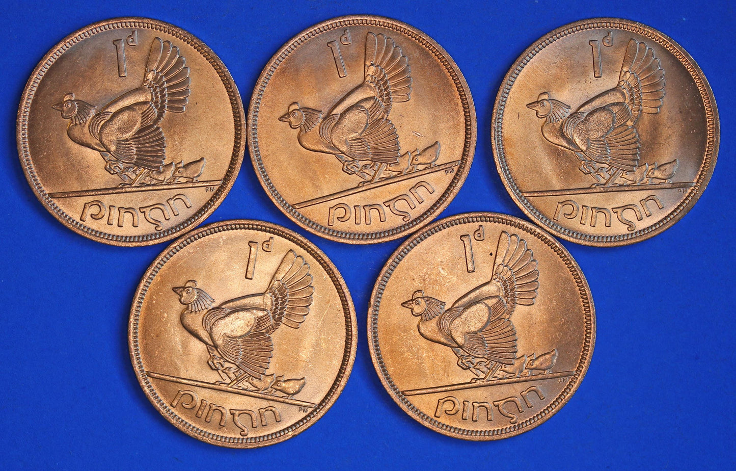 GENUINE Collection Irish Penny Pennies 1d EIRE Ireland coins, Hen with Chicks, All 1968, aUNC [02/25 32056]