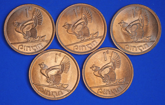 GENUINE Collection Irish Penny Pennies 1d EIRE Ireland coins, Hen with Chicks, All 1968, aUNC [02/25 32056]