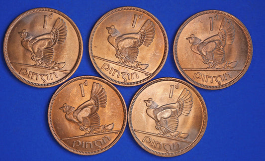 GENUINE Collection Irish Penny Pennies 1d EIRE Ireland coins, Hen with Chicks, All 1968, aUNC [02/25 32058]
