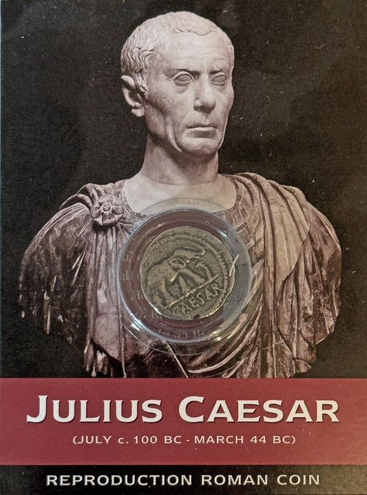 REPRODUCTION Roman coin, Julius Caesar Denarius in information pack [SRCP1P]