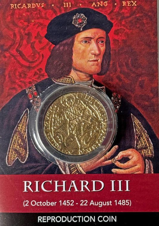 REPRODUCTION Medieval Coin Richard III gold plated ANGEL in information card [R3ACP]