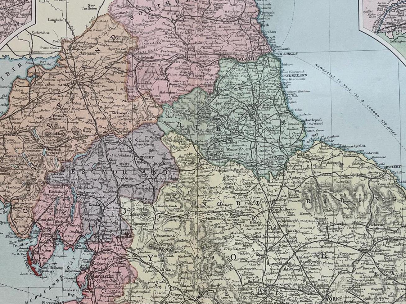 Unframed map Original 1891 Map North of England, 21x13 inch Posted in Tube      [R06/25 30198]