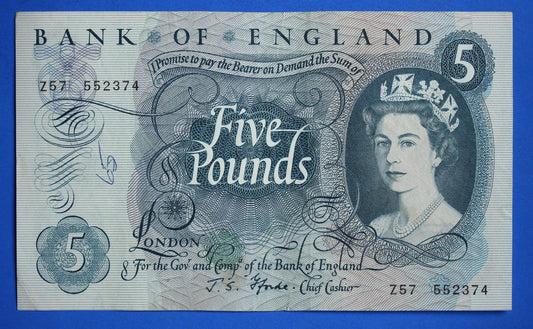 1967 Bank of England Five pound 5 pound, Fforde "Z57" banknote  [02/25 31634]