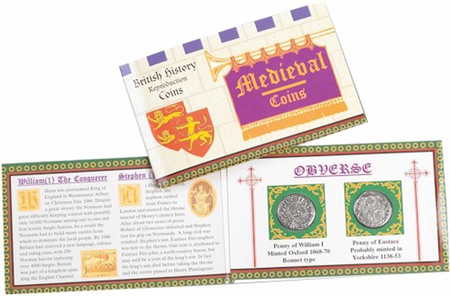 REPRODUCTION Medieval Coins William I & Stephen in information folder [MED1CP]