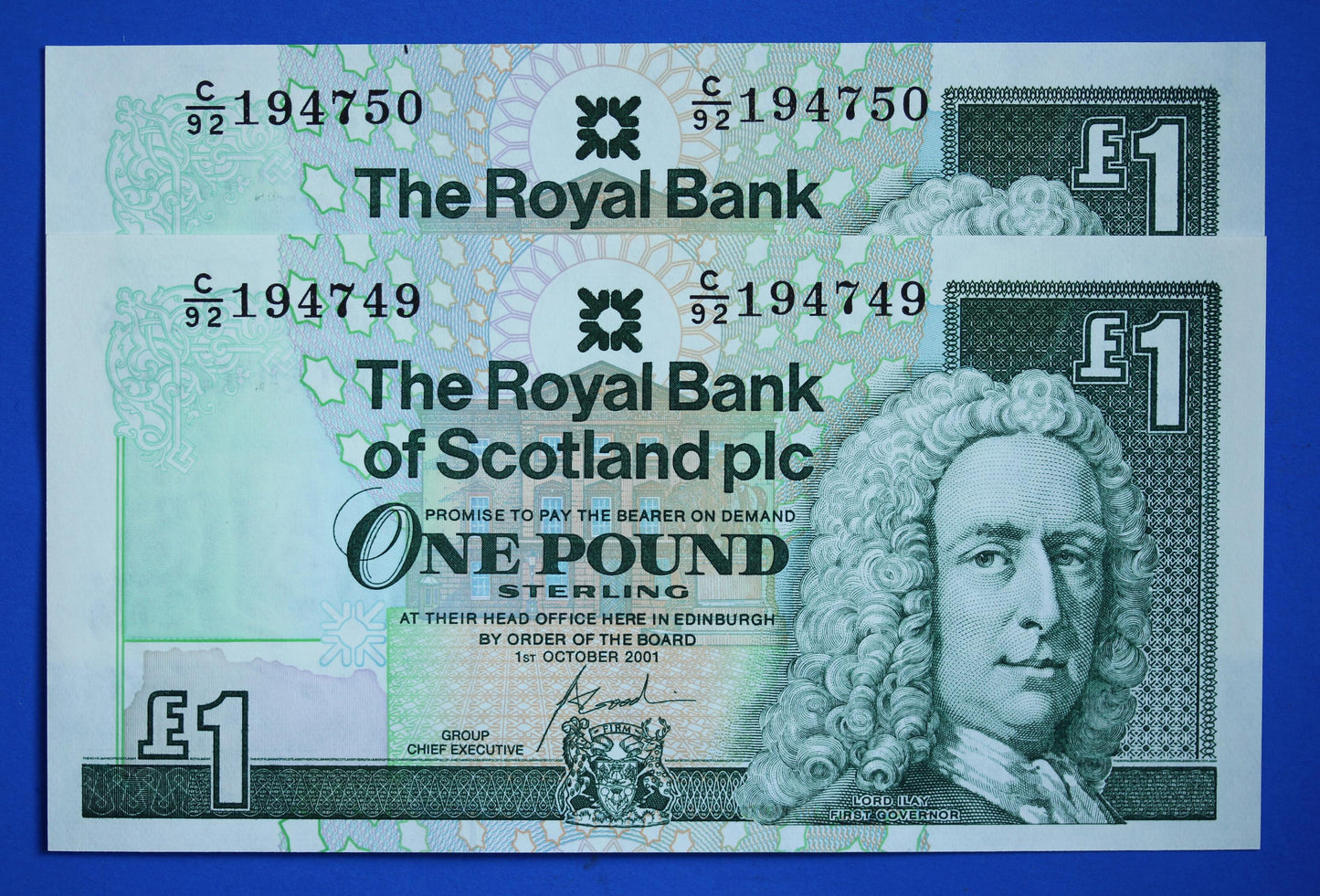 2 Royal Bank of Scotland plc One Pound Banknotes, Consecutive Numbers, Scottish Banknotes, Edinburgh Castle   [02/25 28099]