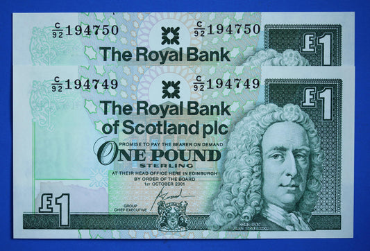 2 Royal Bank of Scotland plc One Pound Banknotes, Consecutive Numbers, Scottish Banknotes, Edinburgh Castle   [02/25 28099]