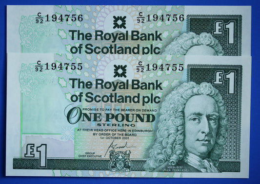 2 Royal Bank of Scotland plc One Pound Banknotes, Consecutive Numbers, Scottish Banknotes, Edinburgh Castle   [02/25 28102]