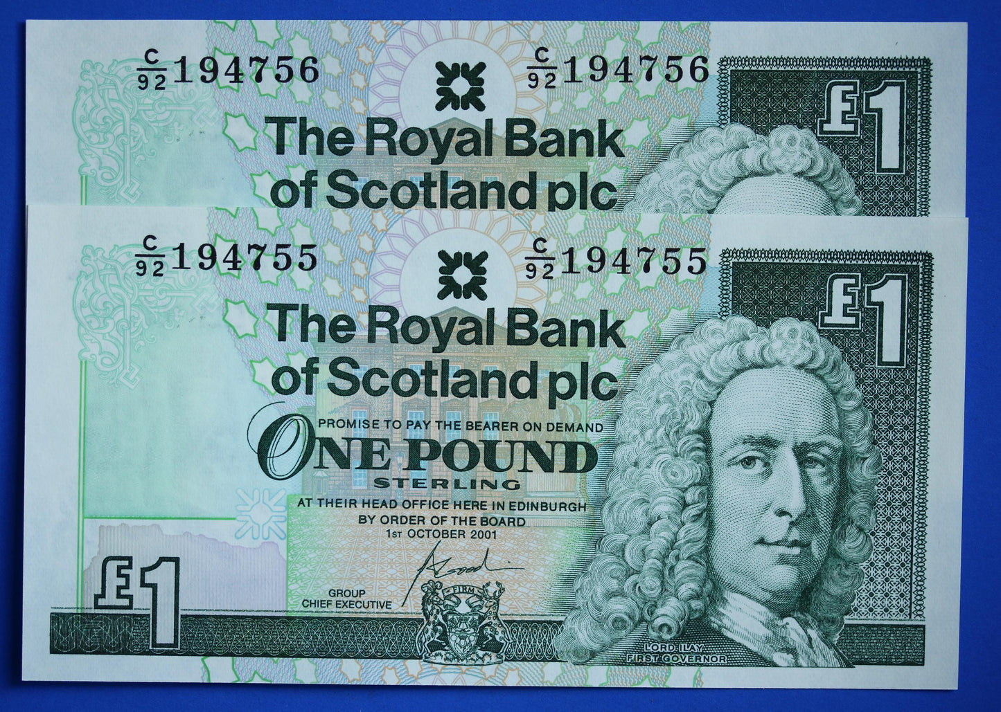 2 Royal Bank of Scotland plc One Pound Banknotes, Consecutive Numbers, Scottish Banknotes, Edinburgh Castle   [02/25 28102]