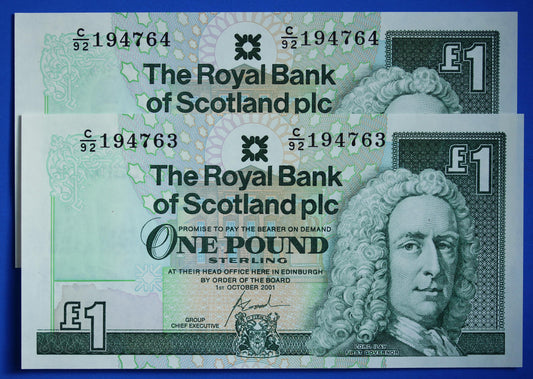 2 Royal Bank of Scotland plc One Pound Banknotes, Consecutive Numbers, Scottish Banknotes, Edinburgh Castle   [02/25 28106]