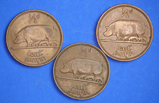 GENUINE Collection 3 Irish Half Penny Pennies 1/2d EIRE Ireland coins, different dates, Sow & Piglets [03/25 32276]
