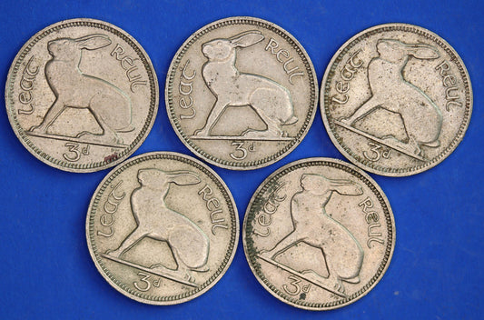 GENUINE 5 Irish Threepences 3d Ireland EIRE, Irish Hare coins, various dates [03/25 32279]