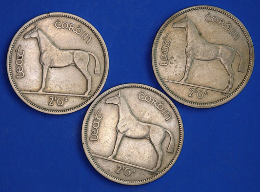 GENUINE 3 Irish Half Crowns 2/6 Ireland EIRE coins, Irish Hunter, various dates [03/25 32268]