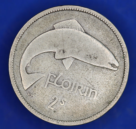 GENUINE 1935 Irish florin two shillings Ireland EIRE coin, 75% silver, Irish Salmon [03/25 32303]