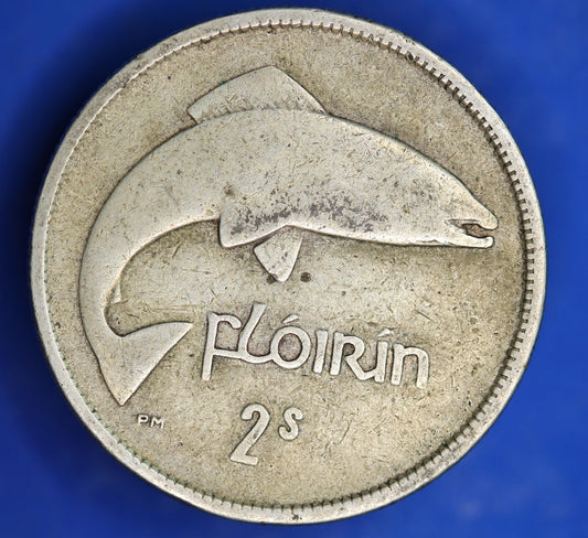 GENUINE 1928 Irish florin two shillings Ireland EIRE coin, Salmon Coin, 75% silver [04/25 32441]