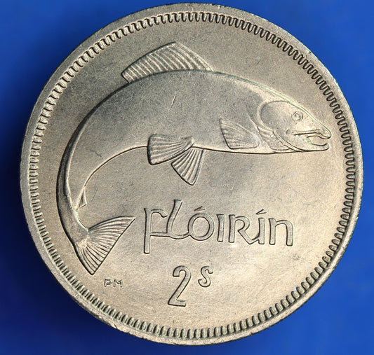 GENUINE 1968 Irish florin two shillings Ireland EIRE coin, Salmon Coin, high grade [04/25 32467]
