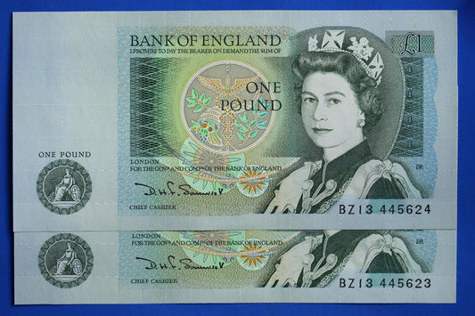2x 1981 Bank of England One pound 1 pound Somerset Prefix "BZ13" banknotes, Elizabeth II, CONSECUTIVE Numbers [05/25 32515]