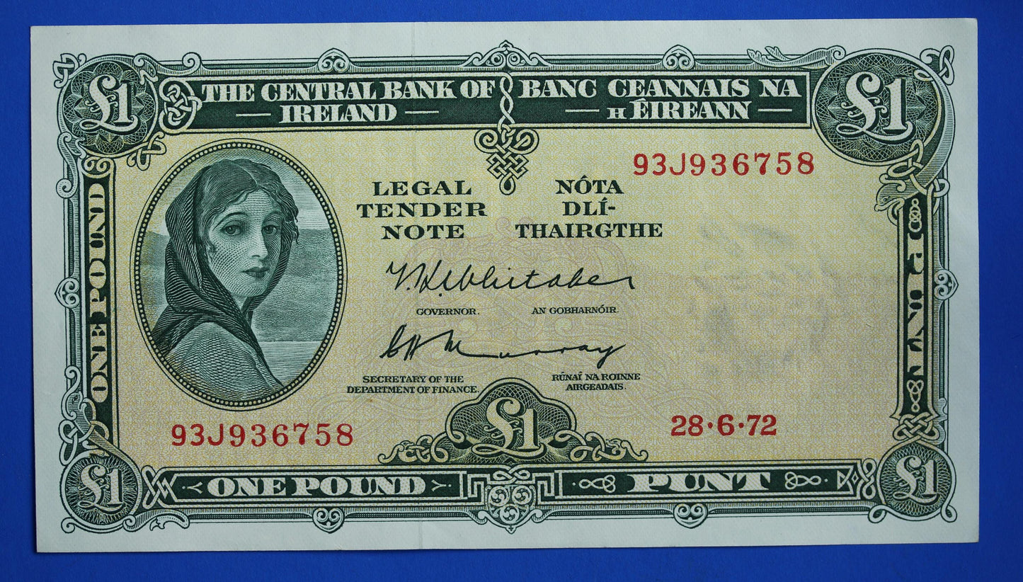 1972 Central Bank of Ireland, One Pound, One Punt Irish EIRE Lady Lavery banknote [04/25 32216]