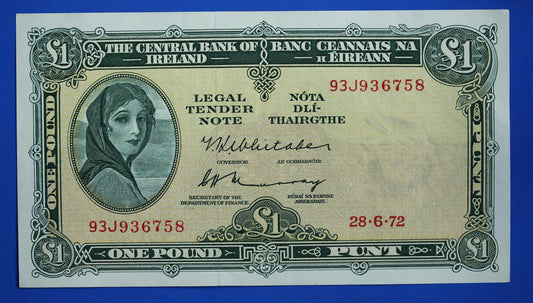 1972 Central Bank of Ireland, One Pound, One Punt Irish EIRE Lady Lavery banknote [04/25 32216]