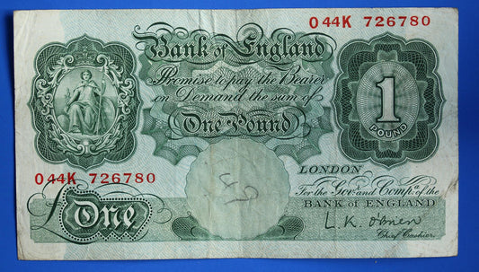1955 Bank of England One pound 1 pound, O'Brien "O44K" banknote   [05/25 32521]