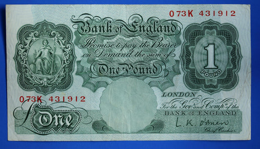 1955 Bank of England One pound 1 pound, O'Brien "O73K" banknote   [05/25 32529]