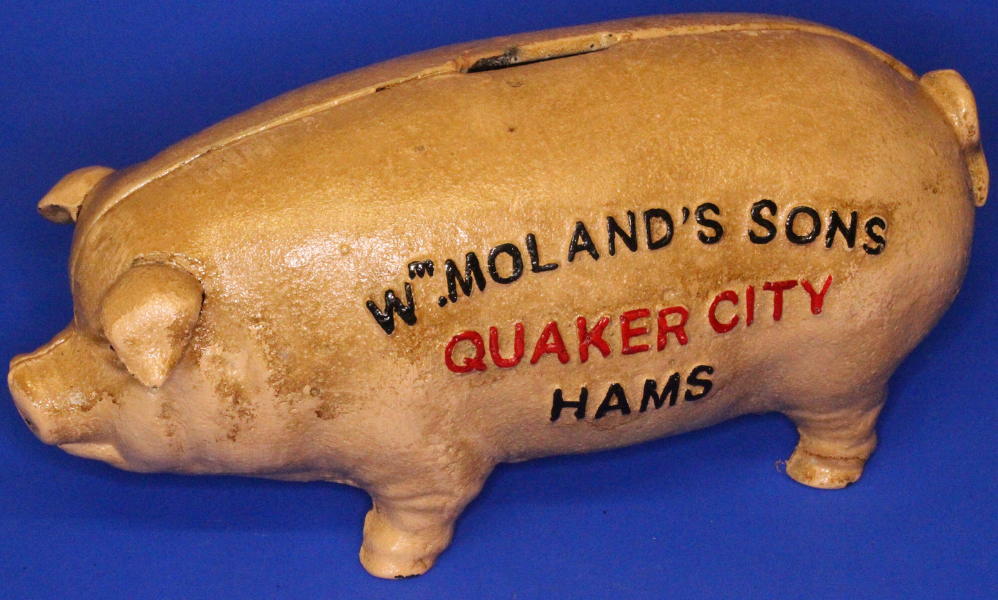 Vintage Style Cast Iron Pig bank Quaker City, 19cm long, moneybox [XBPIQ]