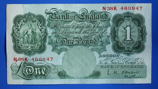 1955 Bank of England One pound 1 pound, O'Brien "N38K" banknote   [05/25 32528]
