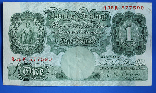 1955 Bank of England One pound 1 pound, O'Brien "R36K" banknote   [05/25 32530]