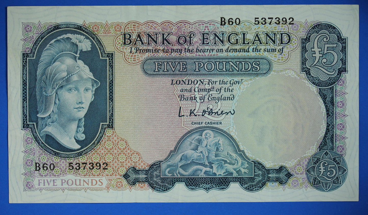 1957 Bank of England Five pound 5 pound, O'Brien "B60" banknote  [05/25 32811]