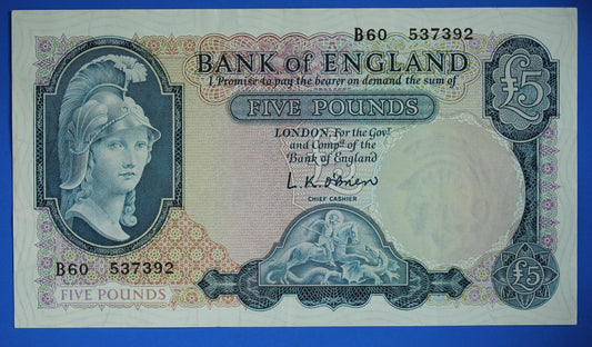 1957 Bank of England Five pound 5 pound, O'Brien "B60" banknote  [05/25 32811]