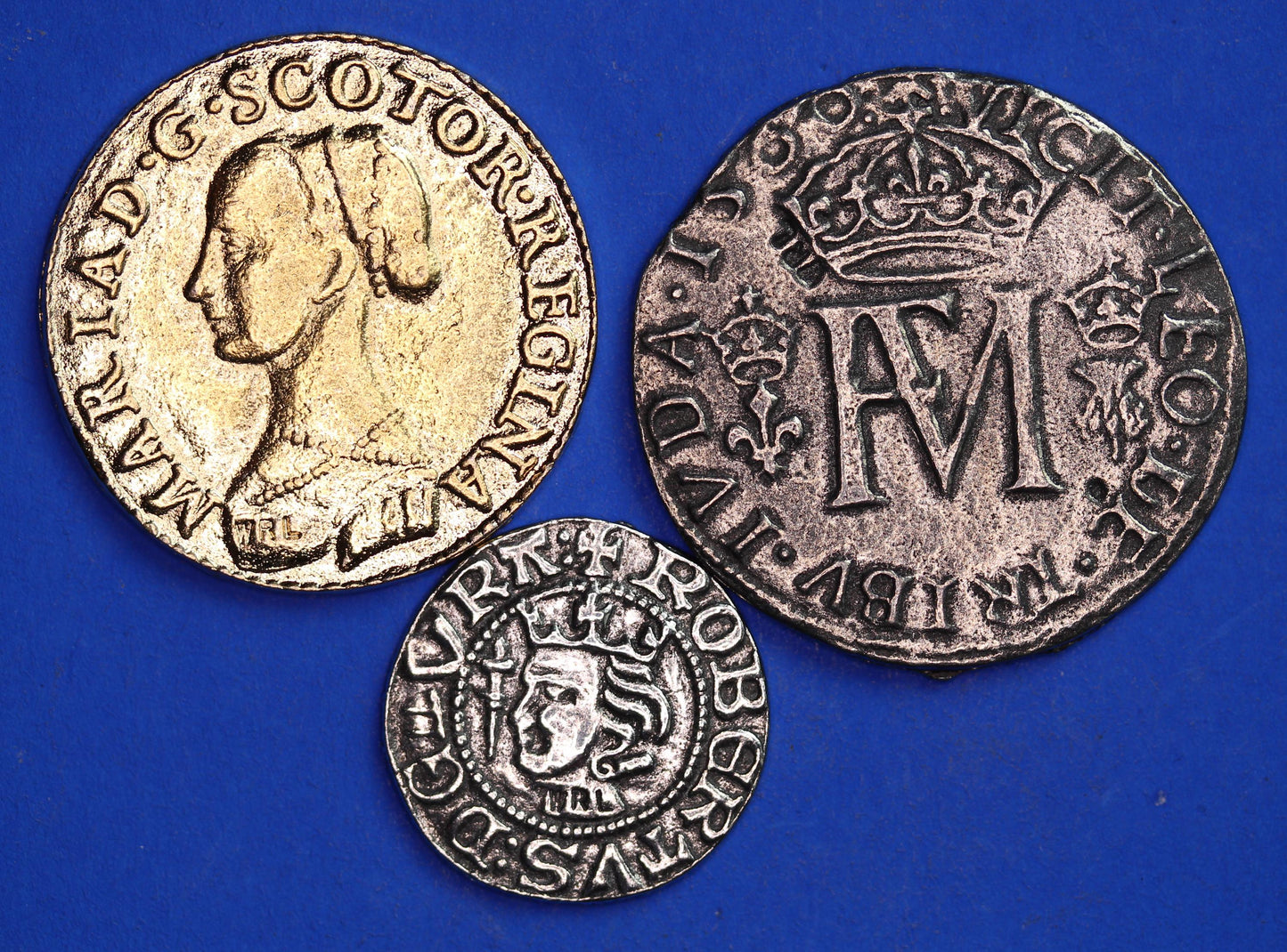 REPRODUCTION Scottish Coins, Mary Queen of Scots, Testoon Five Shillings & Gold Ryal, Robert the Bruce penny [MQS]
