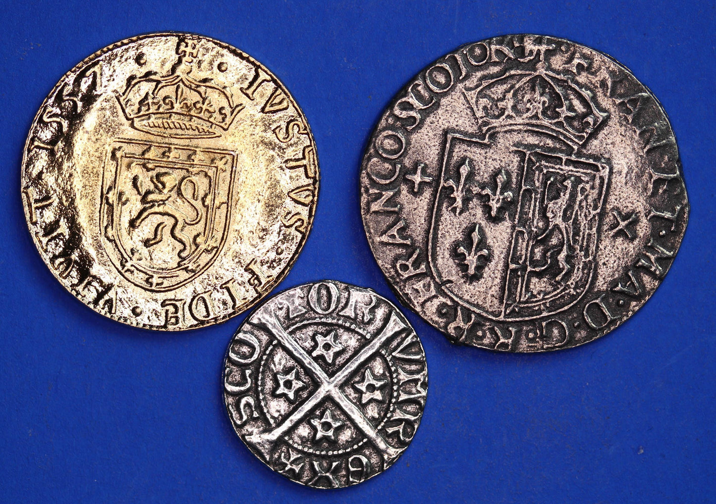 REPRODUCTION Scottish Coins, Mary Queen of Scots, Testoon Five Shillings & Gold Ryal, Robert the Bruce penny [MQS]