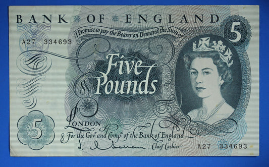 1963 Bank of England Five pound 5 pound, O'Brien "A27" banknote  [05/25 32814]