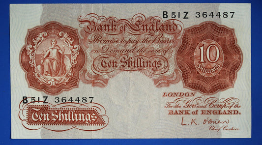 1955 Bank of England  10 shillings O'Brien Prefix "B51Z" banknote, Elizabeth II            [06/25 32823]