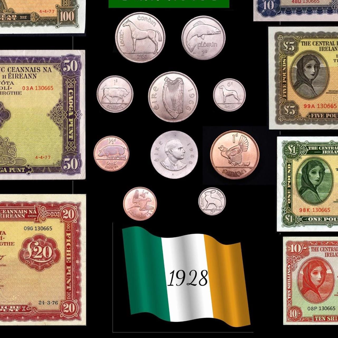 IRELAND Old Coins & Banknotes poster A3 (rolled) Irish EIRE Lady Lavery, notes are two thirds of actual size. [IRECB]