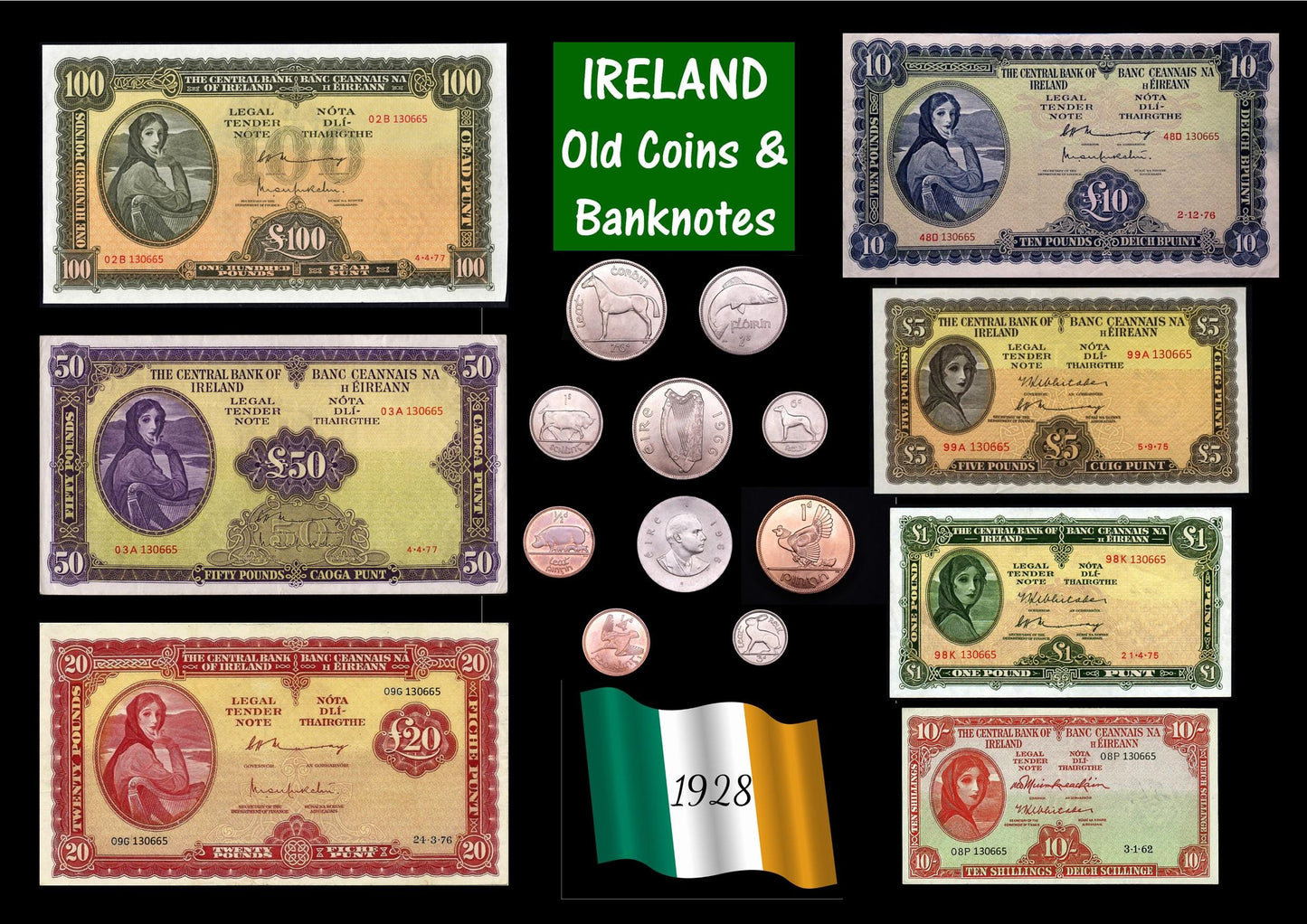 IRELAND Old Coins & Banknotes poster A3 (rolled) Irish EIRE Lady Lavery, notes are two thirds of actual size. [IRECB]