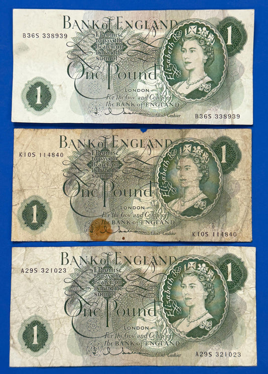 3x 1963 Bank of England One pound 1 pound Hollom banknotes, Elizabeth II [06/25 32696]