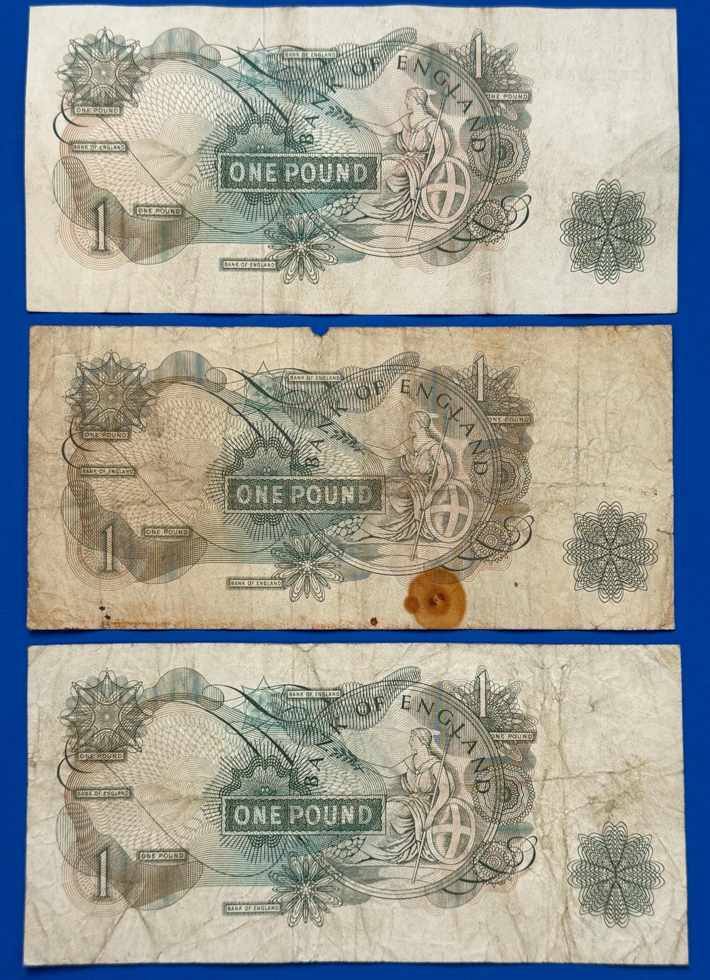 3x 1963 Bank of England One pound 1 pound Hollom banknotes, Elizabeth II [06/25 32696]