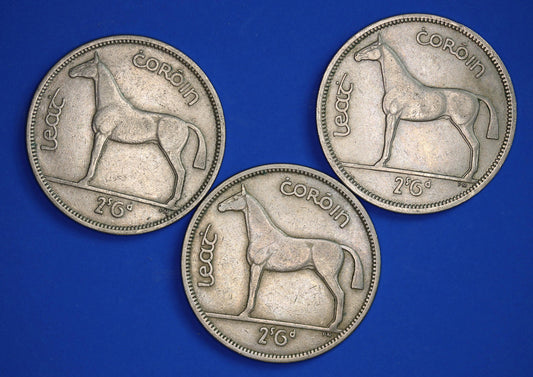 GENUINE 3 Irish Half Crowns 2/6 Ireland EIRE coins, Irish Hunter, various dates [07/25 32961]