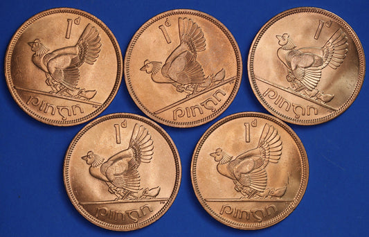 GENUINE Collection Irish Penny Pennies 1d EIRE Ireland coins, Hen with Chicks, All 1968, aUNC [07/25 32988]