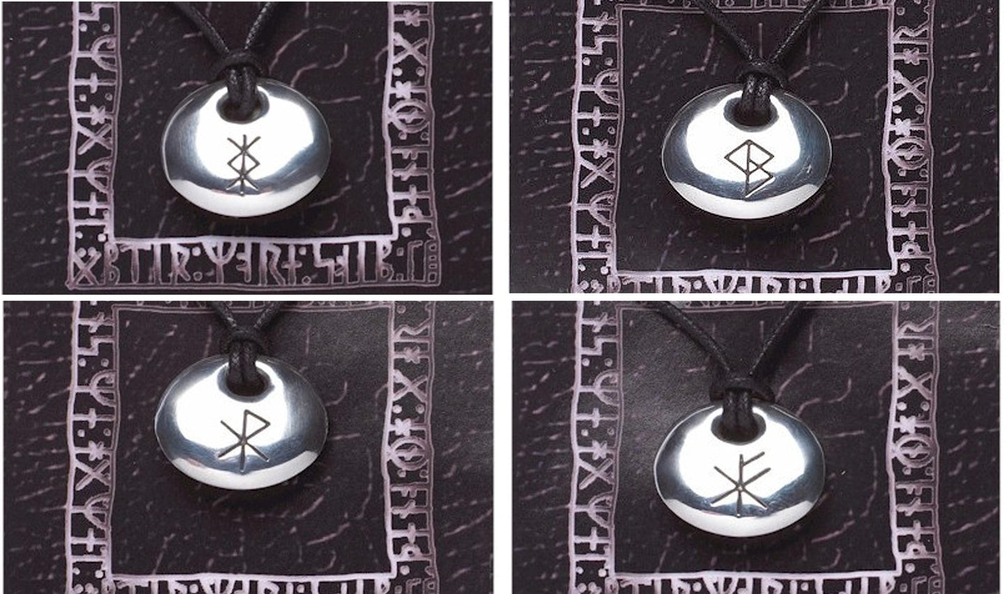 Viking Rune Stone Pendant - Protection, Love, Wealth, Success on a waxed cord, with information card [RUNE]