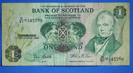 1985 Bank of Scotland One Pound Banknote, Scottish Banknote, Walter Scot   [09/25 33168]