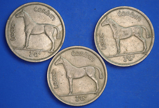 GENUINE 3 Irish Half Crowns 2/6 Ireland EIRE coins, Irish Hunter, various dates [10/25 33387]
