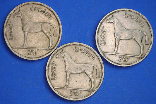 GENUINE 3 Irish Half Crowns 2/6 Ireland EIRE coins, Irish Hunter, various dates [10/25 33390]