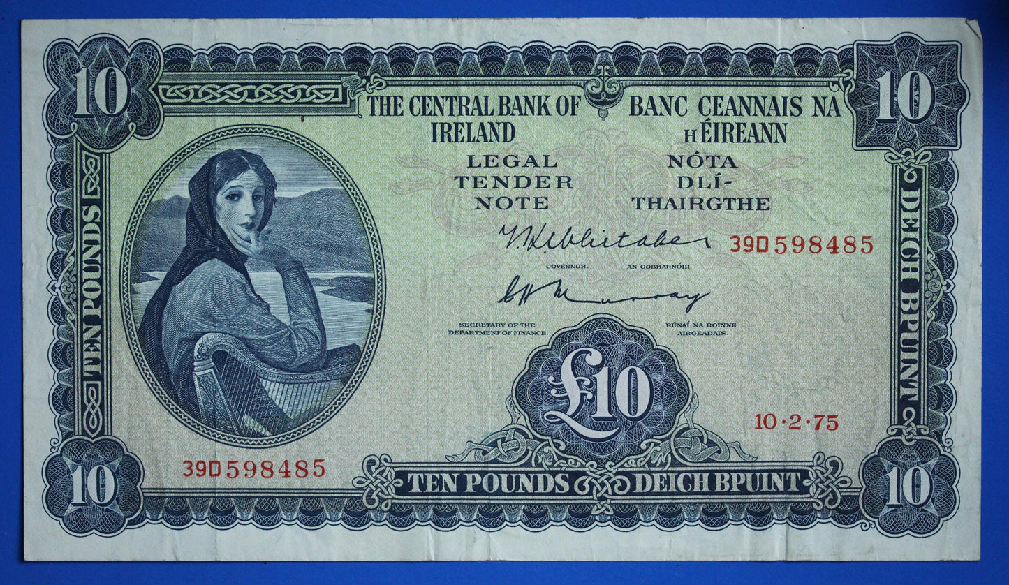 1975 Central Bank of Ireland, Ten Pound, Ten Punt Irish EIRE Lady Lavery banknote [10/25 33447]