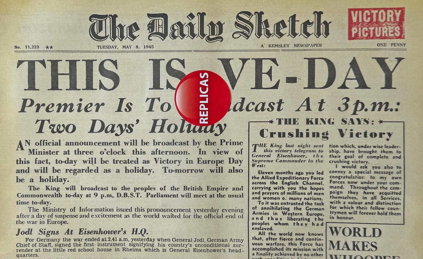 Reproduction: VE Day Victory in Europe newspaper [VEDNP1]
